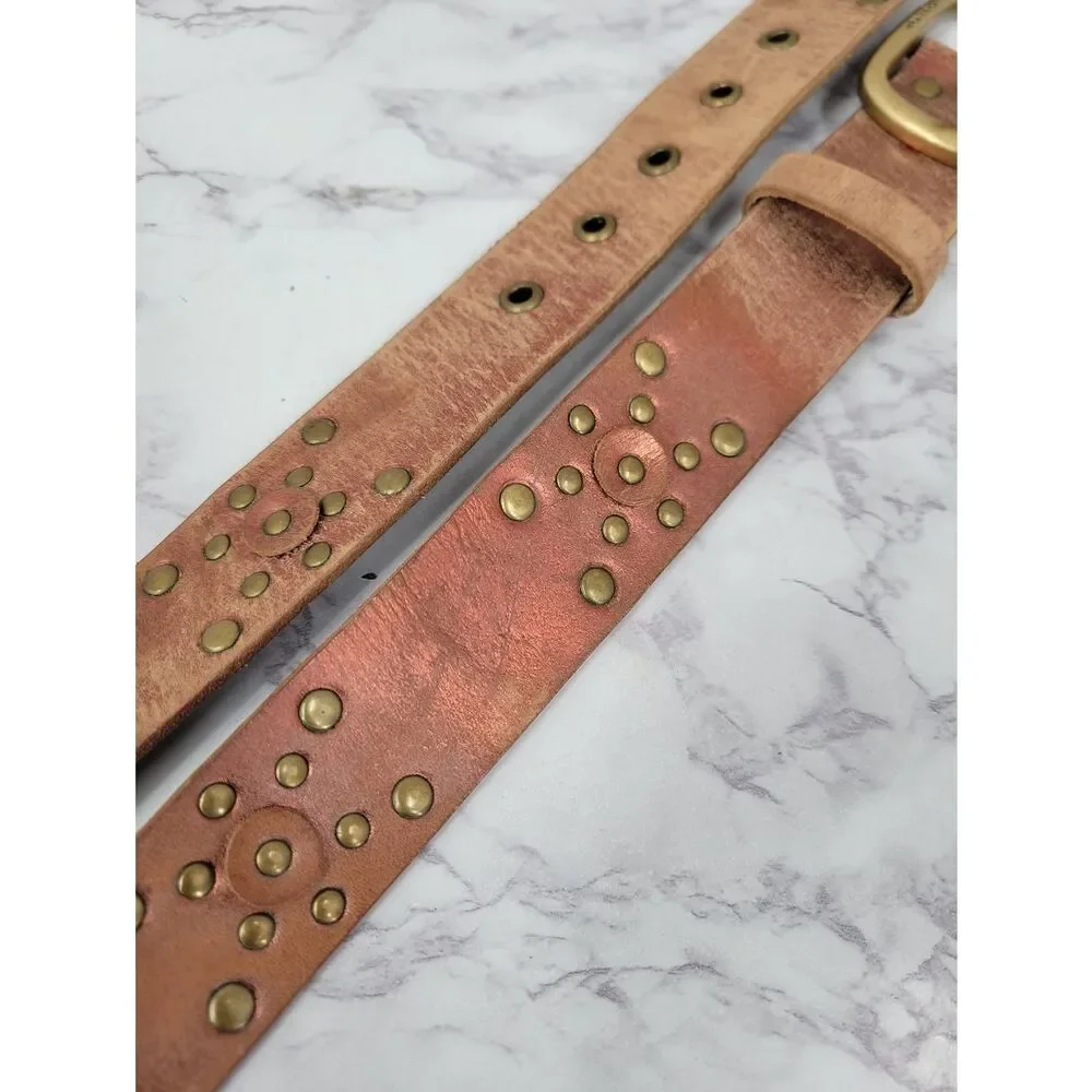 Calvin Klein Metallic Pink and Brown Leather Studded Belt with Brass Buckle